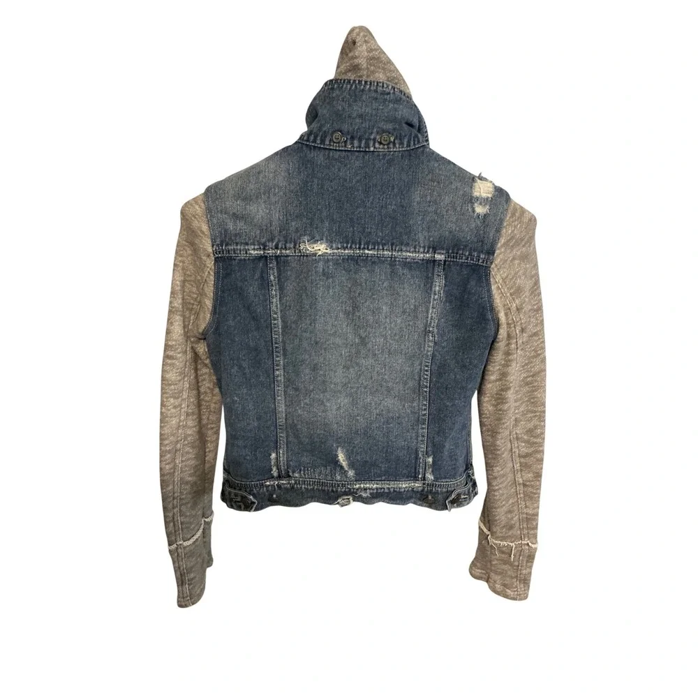 Free‎ People Mixed Media Denim Jacket Hooded Distressed Blue Grey Small - Picture 6 of 8